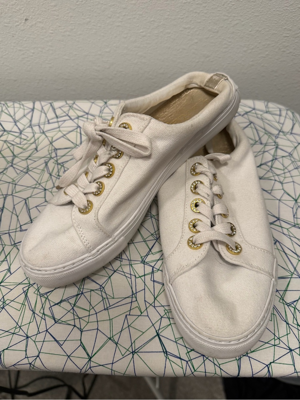 Lilly Pulitzer White Canvas Slip-On Mule Sneakers with Gold Eyelets